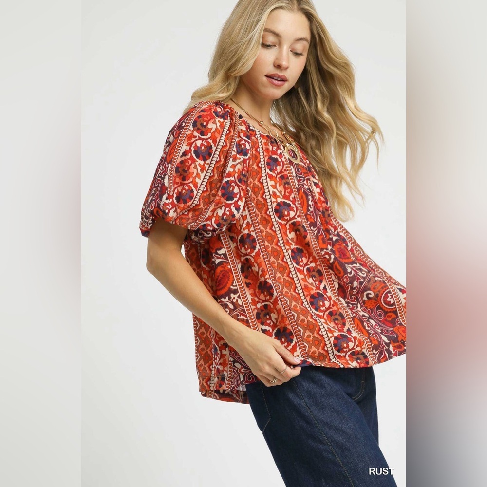 Umgee Rust Boho Paisley Puff Sleeve Oversized Blouse NWT Size S - Picture 4 of 8